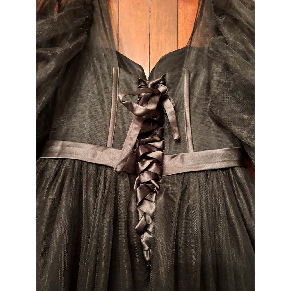 Vintage Black Tulle Ball Gown Dress Beaded Corset Lace Up Puff Sleeves Size 1O - Picture 7 of 9